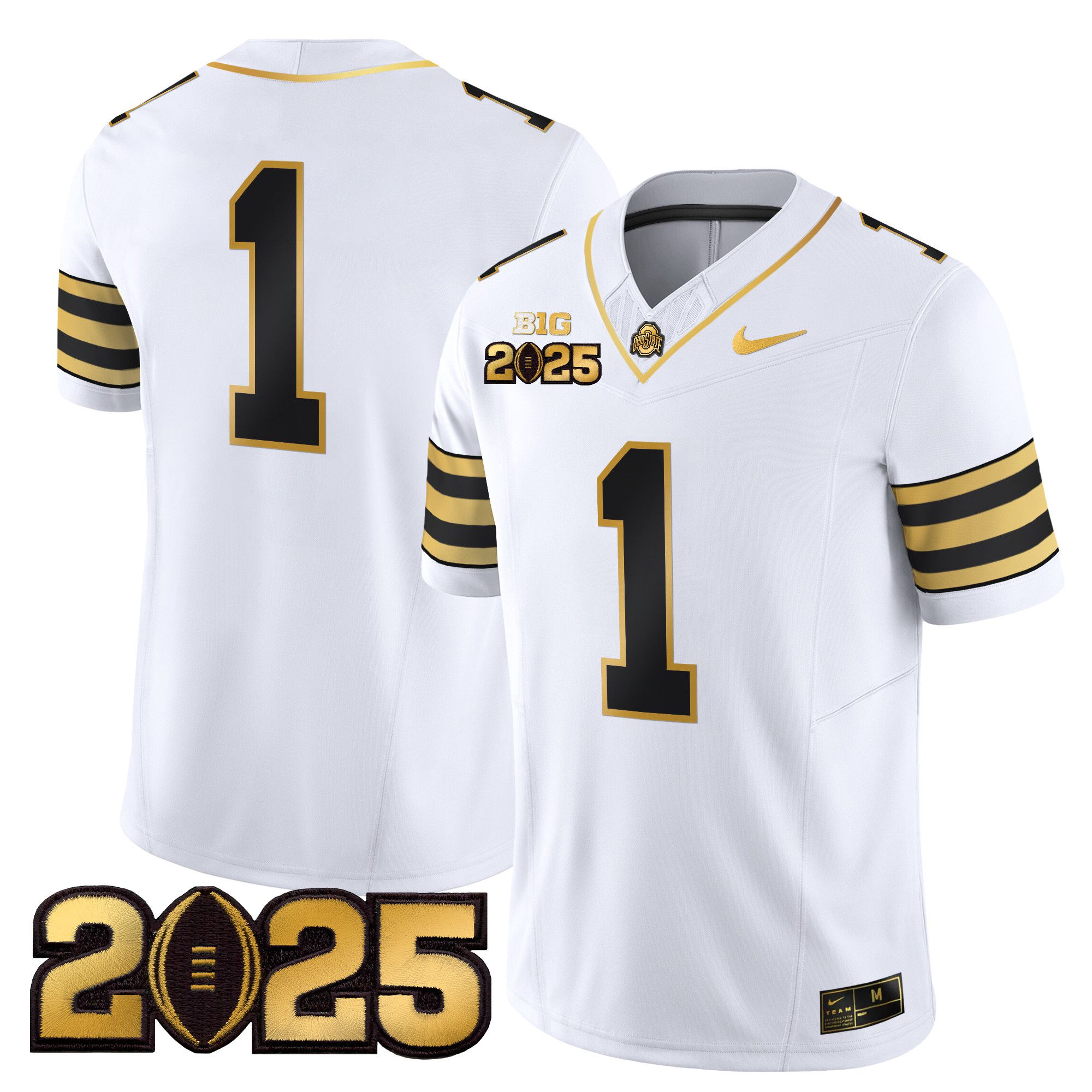Men Ohio State Buckeyes 1 No Name White 2025 CFP Final Patch Gold Vapor Limited NCAA Jersey